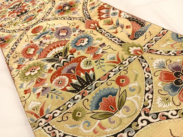 平和屋着物◎六通柄袋帯 孔雀花陶器文 金糸 正絹 逸品 BAAW0617hj