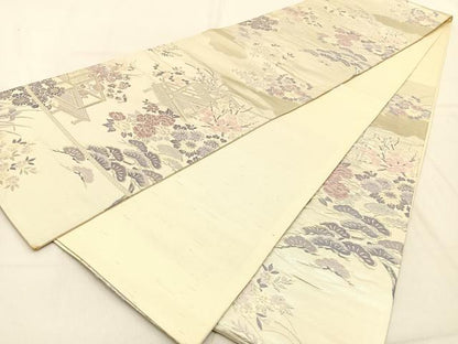 平和屋着物◎六通柄袋帯 唐織 松竹梅花文 銀糸 正絹 逸品 BAAW0622hj