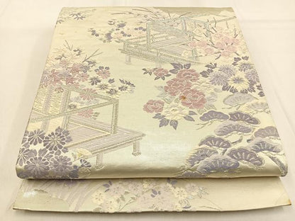 平和屋着物◎六通柄袋帯 唐織 松竹梅花文 銀糸 正絹 逸品 BAAW0622hj