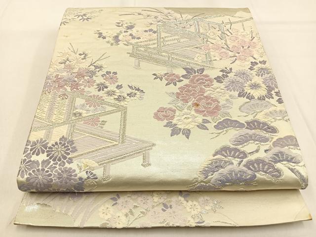 平和屋着物◎六通柄袋帯 唐織 松竹梅花文 銀糸 正絹 逸品 BAAW0622hj
