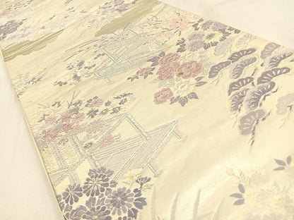 平和屋着物◎六通柄袋帯 唐織 松竹梅花文 銀糸 正絹 逸品 BAAW0622hj