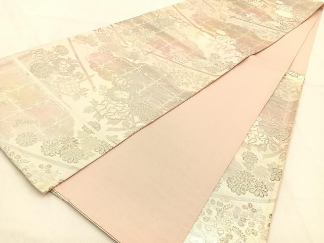 平和屋着物◎六通柄袋帯　牡丹菊文　銀糸　正絹　逸品　BAAW0624hj