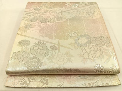 平和屋着物◎六通柄袋帯　牡丹菊文　銀糸　正絹　逸品　BAAW0624hj