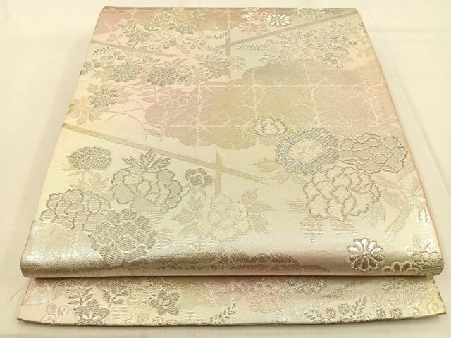 平和屋着物◎六通柄袋帯　牡丹菊文　銀糸　正絹　逸品　BAAW0624hj