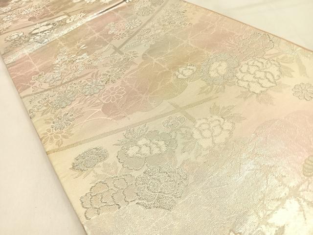 平和屋着物◎六通柄袋帯　牡丹菊文　銀糸　正絹　逸品　BAAW0624hj