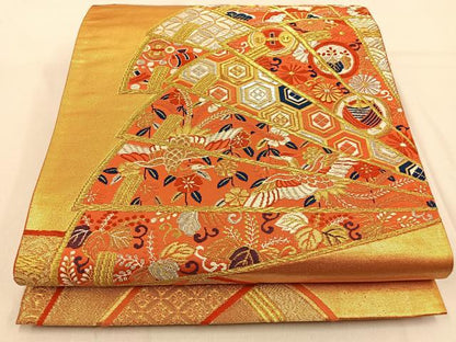 平和屋着物◎六通柄袋帯 唐織 鳳凰宝尽くし檜扇文 金銀糸 正絹 逸品 BAAW0637hj