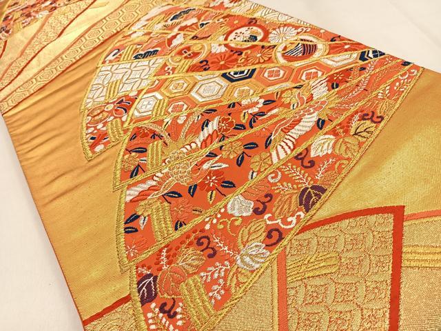 平和屋着物◎六通柄袋帯 唐織 鳳凰宝尽くし檜扇文 金銀糸 正絹 逸品 BAAW0637hj