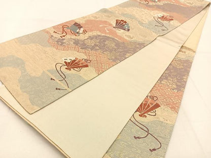 平和屋着物◎六通柄袋帯　唐織　道長檜扇花文　金糸　正絹　逸品　BAAW0643hj
