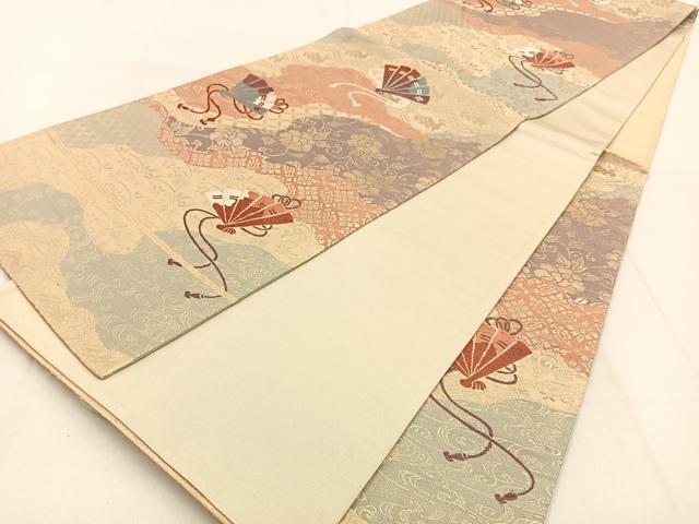 平和屋着物◎六通柄袋帯　唐織　道長檜扇花文　金糸　正絹　逸品　BAAW0643hj