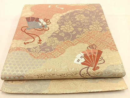 平和屋着物◎六通柄袋帯　唐織　道長檜扇花文　金糸　正絹　逸品　BAAW0643hj