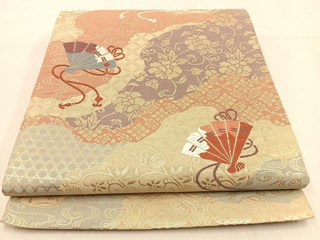 平和屋着物◎六通柄袋帯　唐織　道長檜扇花文　金糸　正絹　逸品　BAAW0643hj