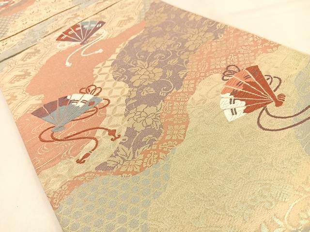 平和屋着物◎六通柄袋帯　唐織　道長檜扇花文　金糸　正絹　逸品　BAAW0643hj