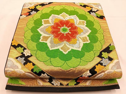 平和屋着物◎六通柄袋帯 唐織 松皮菱菊文 黒地 金銀糸 正絹 逸品 BAAW0651hj