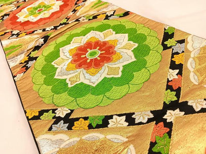 平和屋着物◎六通柄袋帯 唐織 松皮菱菊文 黒地 金銀糸 正絹 逸品 BAAW0651hj
