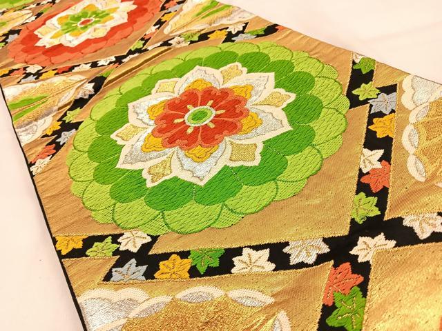 平和屋着物◎六通柄袋帯 唐織 松皮菱菊文 黒地 金銀糸 正絹 逸品 BAAW0651hj