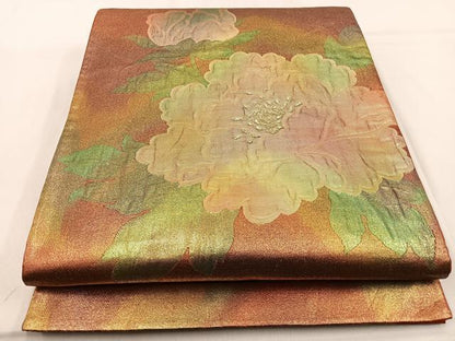 平和屋着物◎太鼓柄袋帯 ふくれ織 牡丹 金糸 引箔 正絹 逸品 BAAW0656hj