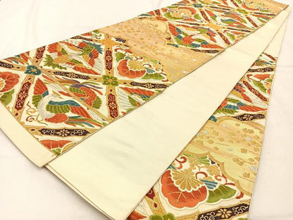 平和屋着物◎六通柄袋帯　唐織　菱天井花鳥文　金銀糸　正絹　逸品　BAAW0663hj