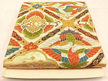 平和屋着物◎六通柄袋帯　唐織　菱天井花鳥文　金銀糸　正絹　逸品　BAAW0663hj