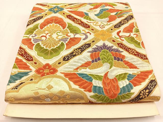 平和屋着物◎六通柄袋帯　唐織　菱天井花鳥文　金銀糸　正絹　逸品　BAAW0663hj