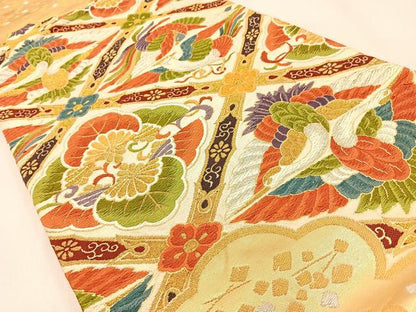 平和屋着物◎六通柄袋帯　唐織　菱天井花鳥文　金銀糸　正絹　逸品　BAAW0663hj