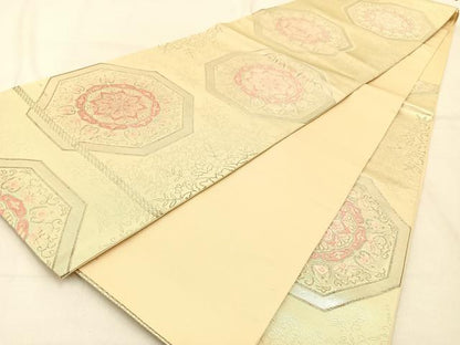 平和屋着物◎六通柄袋帯　唐織　亀甲正倉院花文　銀糸　正絹　逸品　BAAW0664hj