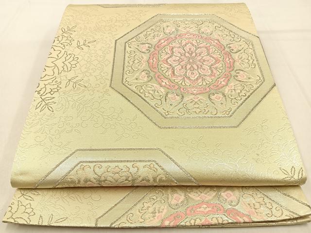 平和屋着物◎六通柄袋帯　唐織　亀甲正倉院花文　銀糸　正絹　逸品　BAAW0664hj