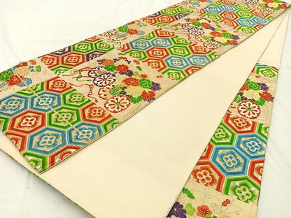 平和屋着物◎六通柄 京袋帯 唐織 花車亀甲文 金糸 正絹 逸品 BAAW0668hj