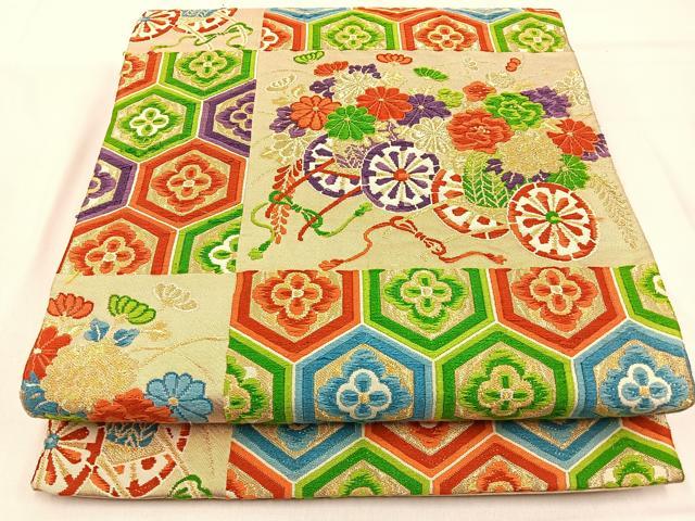 平和屋着物◎六通柄 京袋帯 唐織 花車亀甲文 金糸 正絹 逸品 BAAW0668hj