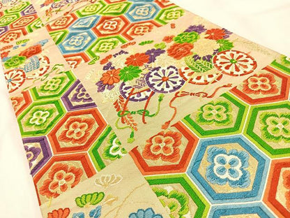 平和屋着物◎六通柄 京袋帯 唐織 花車亀甲文 金糸 正絹 逸品 BAAW0668hj