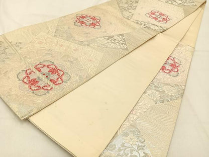 平和屋着物◎六通柄袋帯　唐織　正倉院花文　銀糸　正絹　逸品　BAAW0672hj