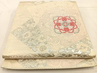 平和屋着物◎六通柄袋帯　唐織　正倉院花文　銀糸　正絹　逸品　BAAW0672hj