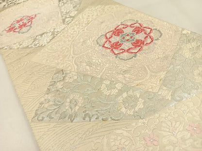 平和屋着物◎六通柄袋帯　唐織　正倉院花文　銀糸　正絹　逸品　BAAW0672hj