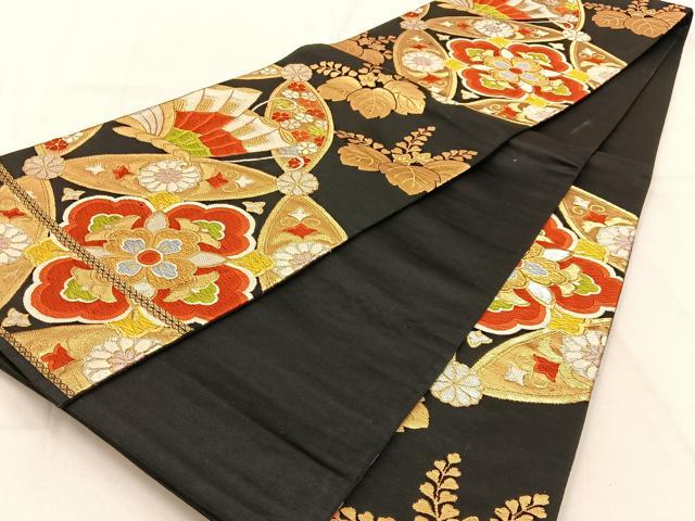 平和屋着物◎六通柄袋帯 唐織 七宝花蝶文 黒地 金銀糸 正絹 逸品 BAAW0680hj