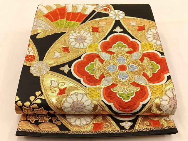 平和屋着物◎六通柄袋帯 唐織 七宝花蝶文 黒地 金銀糸 正絹 逸品 BAAW0680hj