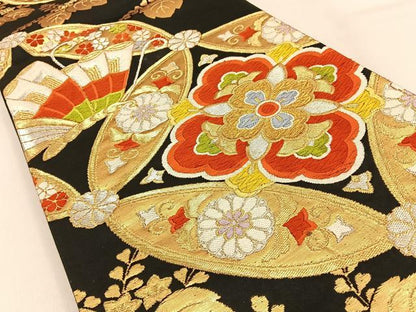 平和屋着物◎六通柄袋帯 唐織 七宝花蝶文 黒地 金銀糸 正絹 逸品 BAAW0680hj
