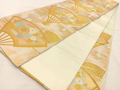 平和屋着物◎六通柄袋帯　唐織　扇面菊文　金銀糸　正絹　逸品　BAAW0681hj