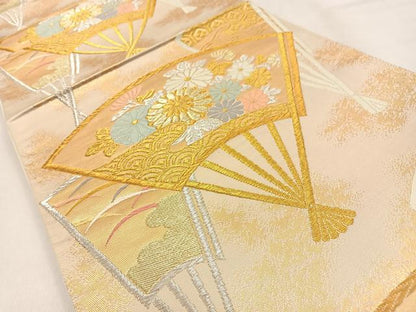 平和屋着物◎六通柄袋帯　唐織　扇面菊文　金銀糸　正絹　逸品　BAAW0681hj