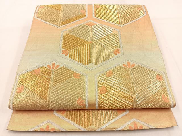 平和屋着物◎六通柄袋帯 唐織 亀甲松葉文 金銀糸 引箔 正絹 逸品 BAAW0693hj