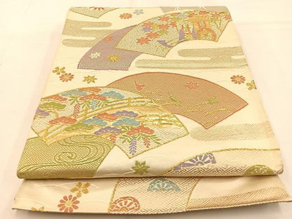 平和屋着物◎六通柄袋帯　唐織　地紙御所車花文　金糸　正絹　逸品　BAAW0708hj