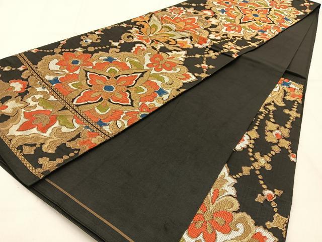 平和屋着物◎六通柄 本袋帯 宝相華 黒地 金糸 正絹 逸品 BAAW0712hj