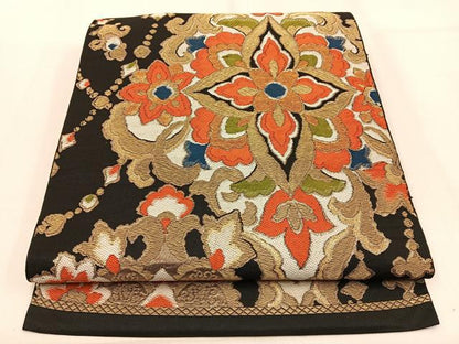 平和屋着物◎六通柄 本袋帯 宝相華 黒地 金糸 正絹 逸品 BAAW0712hj