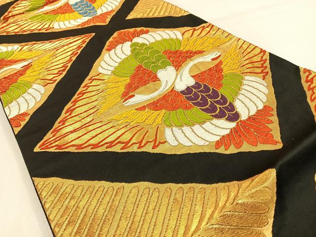 平和屋着物◎六通柄袋帯 唐織 双鶴 黒地 金銀糸 正絹 逸品 BAAW0713hj
