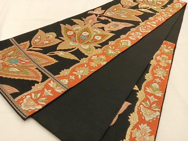 平和屋着物◎六通柄　本袋帯　更紗花文　黒地　金銀糸　正絹　逸品　BAAW0720hj