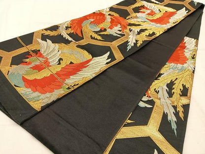 平和屋着物◎六通柄袋帯 鳳凰 黒地 金銀糸 正絹 逸品 BAAW0721hj