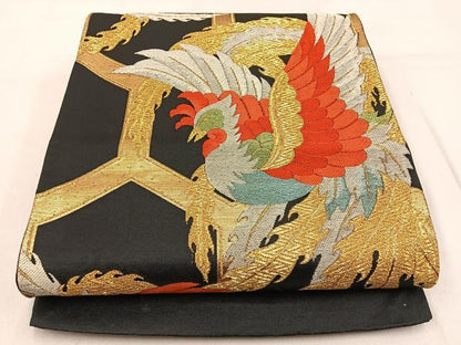 平和屋着物◎六通柄袋帯 鳳凰 黒地 金銀糸 正絹 逸品 BAAW0721hj