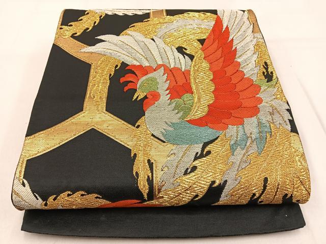 平和屋着物◎六通柄袋帯 鳳凰 黒地 金銀糸 正絹 逸品 BAAW0721hj