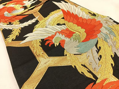 平和屋着物◎六通柄袋帯 鳳凰 黒地 金銀糸 正絹 逸品 BAAW0721hj