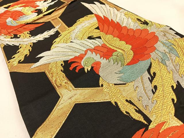 平和屋着物◎六通柄袋帯 鳳凰 黒地 金銀糸 正絹 逸品 BAAW0721hj