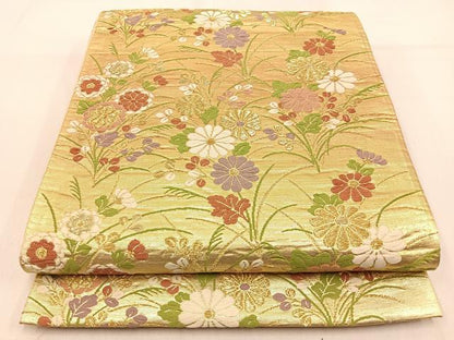 平和屋着物◎六通柄袋帯　唐織　菊　金糸　正絹　逸品　BAAW0723hj