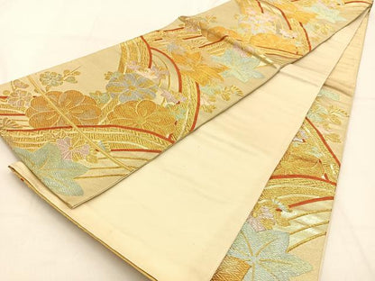 平和屋着物◎六通柄袋帯 流水花文 金銀糸 正絹 逸品 BAAW0731hj